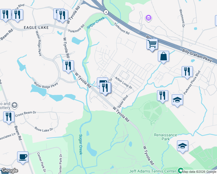 map of restaurants, bars, coffee shops, grocery stores, and more near 1710 Piedmont Hills Place in Charlotte