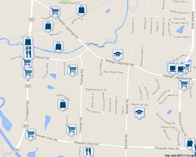 map of restaurants, bars, coffee shops, grocery stores, and more near 5369 Rock Ridge Road in Memphis