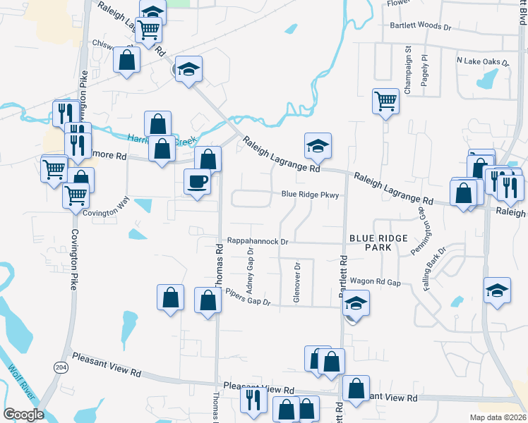 map of restaurants, bars, coffee shops, grocery stores, and more near 5369 Rock Ridge Road in Memphis