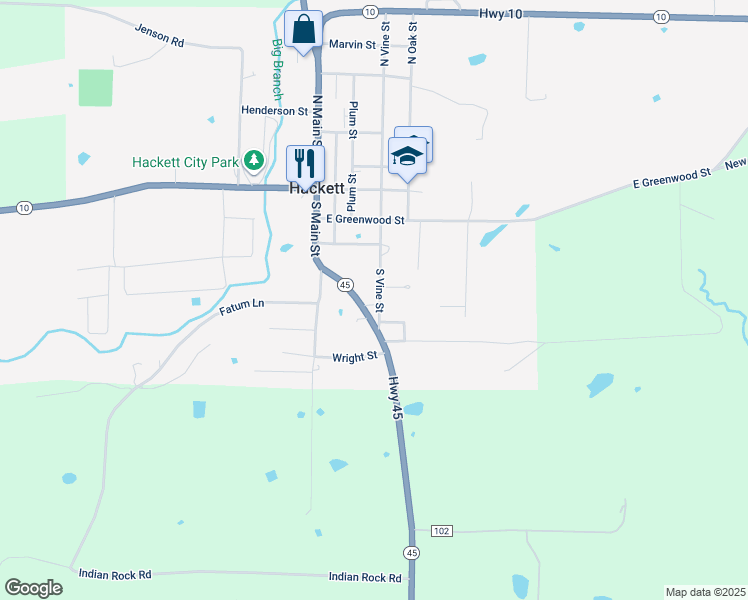 map of restaurants, bars, coffee shops, grocery stores, and more near 418 State Highway 45 in Hackett
