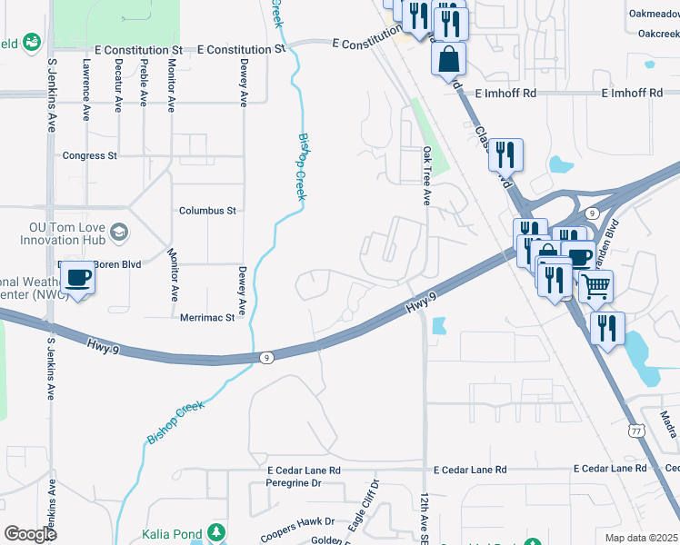 map of restaurants, bars, coffee shops, grocery stores, and more near 814 Cardinal Creek Boulevard in Norman