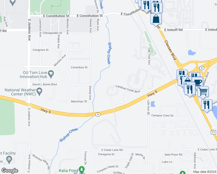 map of restaurants, bars, coffee shops, grocery stores, and more near 834 Cardinal Creek Boulevard in Norman