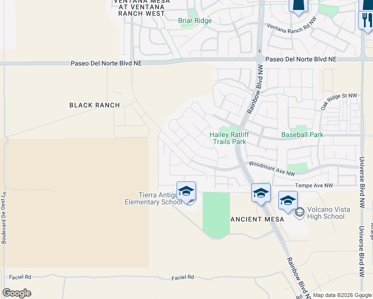 map of restaurants, bars, coffee shops, grocery stores, and more near 364 Redbloom Road Northwest in Albuquerque