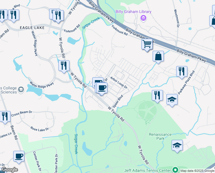 map of restaurants, bars, coffee shops, grocery stores, and more near 2114 Piedmont Hills Place in Charlotte