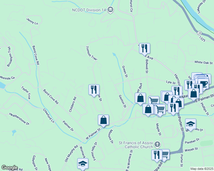 map of restaurants, bars, coffee shops, grocery stores, and more near 325 Wilkie Street in Franklin