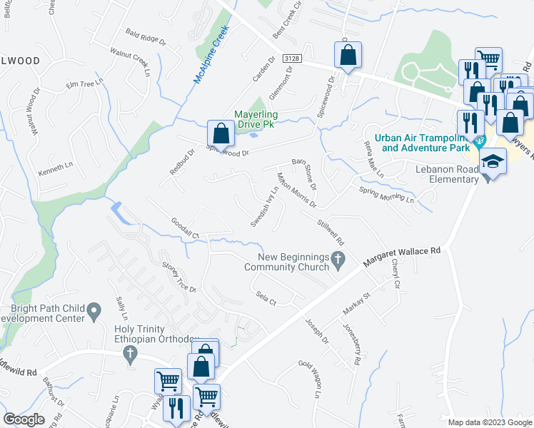 map of restaurants, bars, coffee shops, grocery stores, and more near 7611 Swedish Ivy Lane in Charlotte