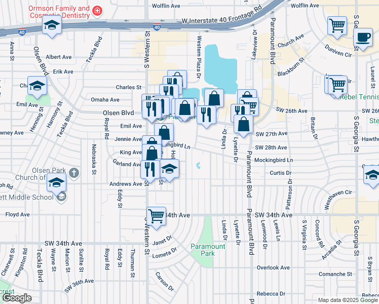 map of restaurants, bars, coffee shops, grocery stores, and more near 3105 Janet Drive in Amarillo