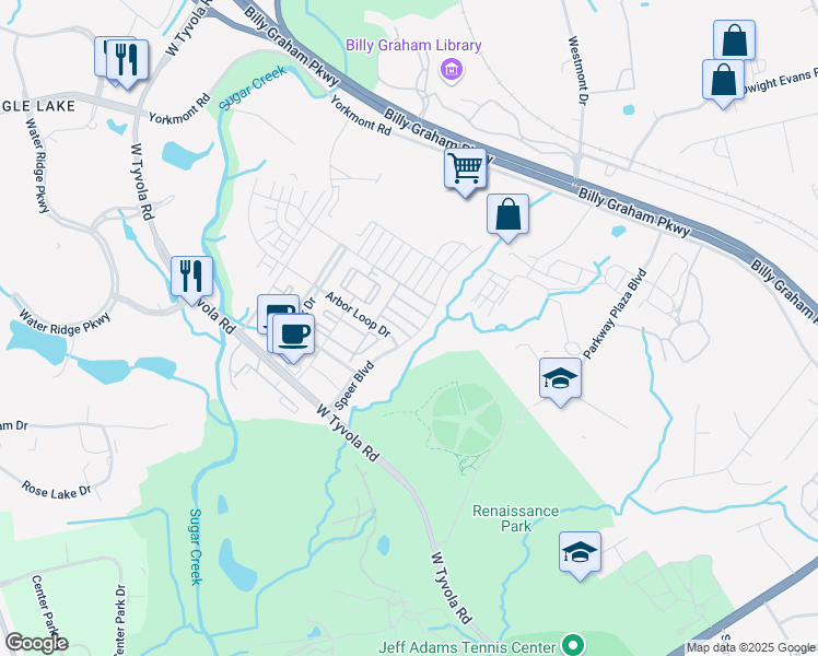 map of restaurants, bars, coffee shops, grocery stores, and more near 2112 Arbor Loop Drive in Charlotte