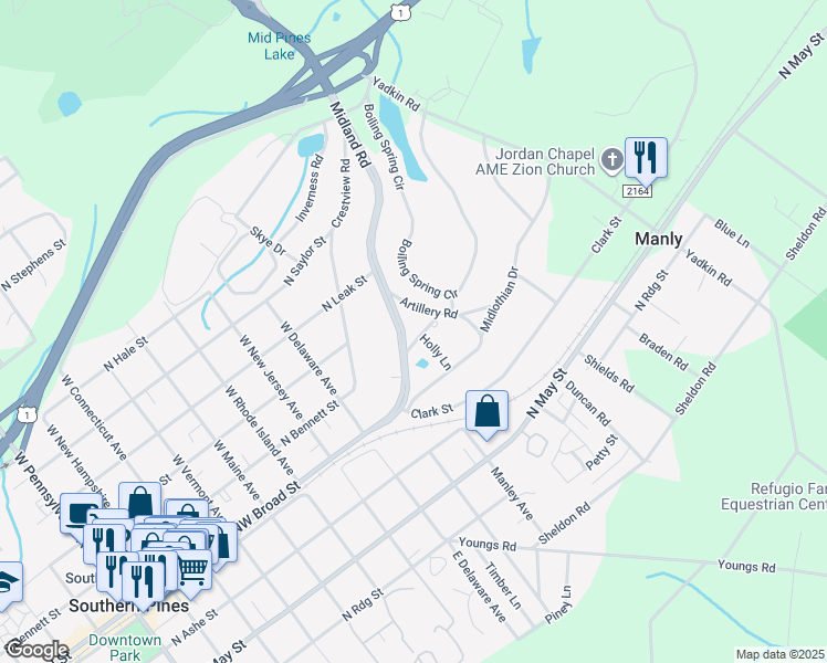 map of restaurants, bars, coffee shops, grocery stores, and more near 100 Clematis Road in Southern Pines