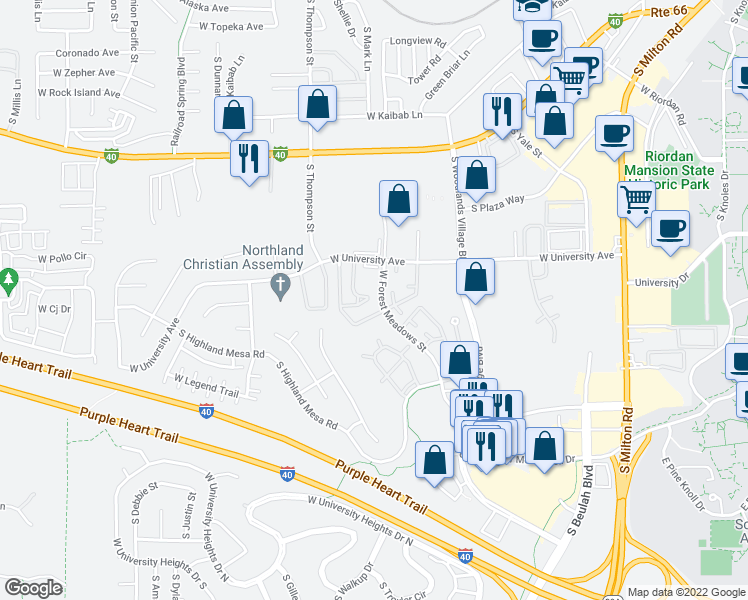 map of restaurants, bars, coffee shops, grocery stores, and more near 1385 West University Avenue in Flagstaff