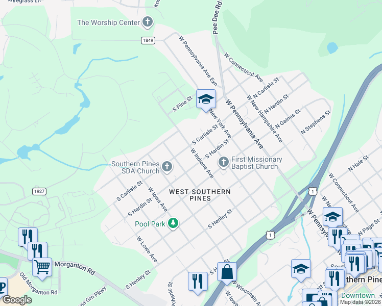 map of restaurants, bars, coffee shops, grocery stores, and more near 475 South Carlisle Street in Southern Pines