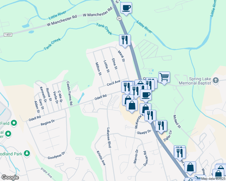 map of restaurants, bars, coffee shops, grocery stores, and more near 220 Odell Road in Spring Lake