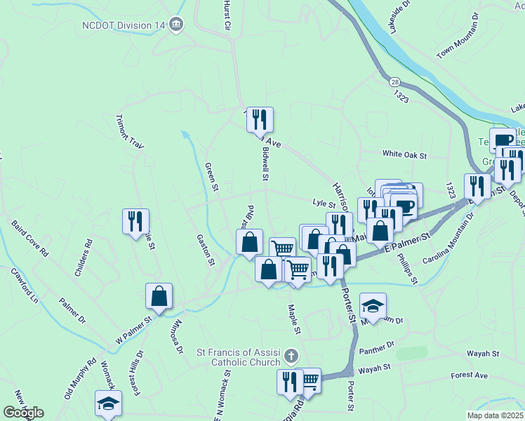 map of restaurants, bars, coffee shops, grocery stores, and more near 190 Bidwell Street in Franklin