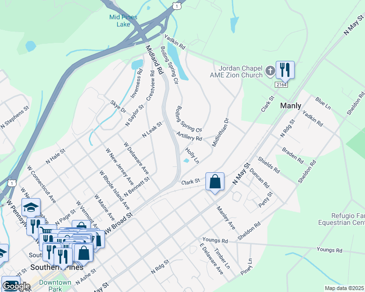 map of restaurants, bars, coffee shops, grocery stores, and more near 100 Clematis Road in Southern Pines