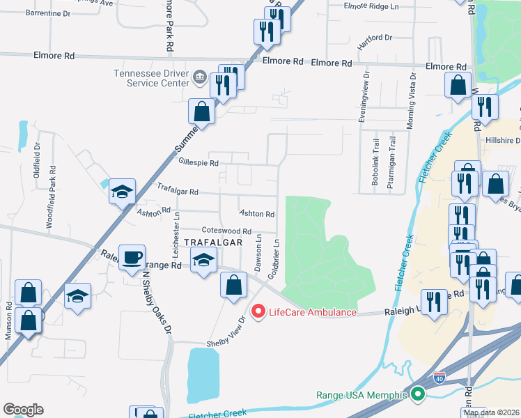 map of restaurants, bars, coffee shops, grocery stores, and more near 6420 Ashton Road in Memphis