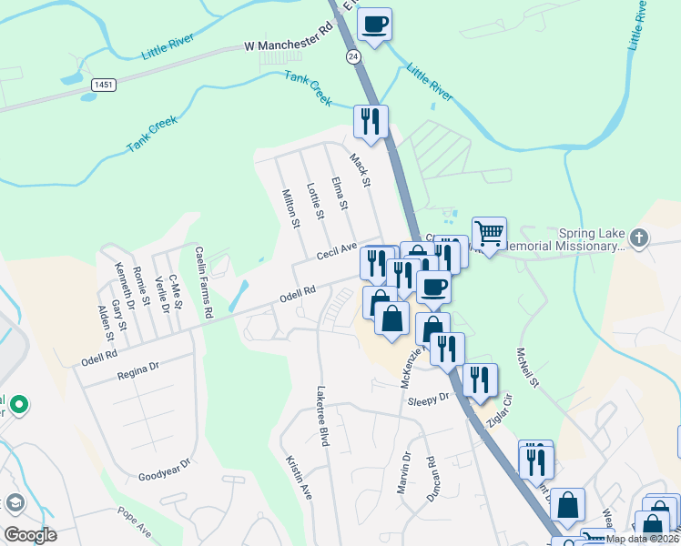 map of restaurants, bars, coffee shops, grocery stores, and more near 201-255 Odell Road in Spring Lake