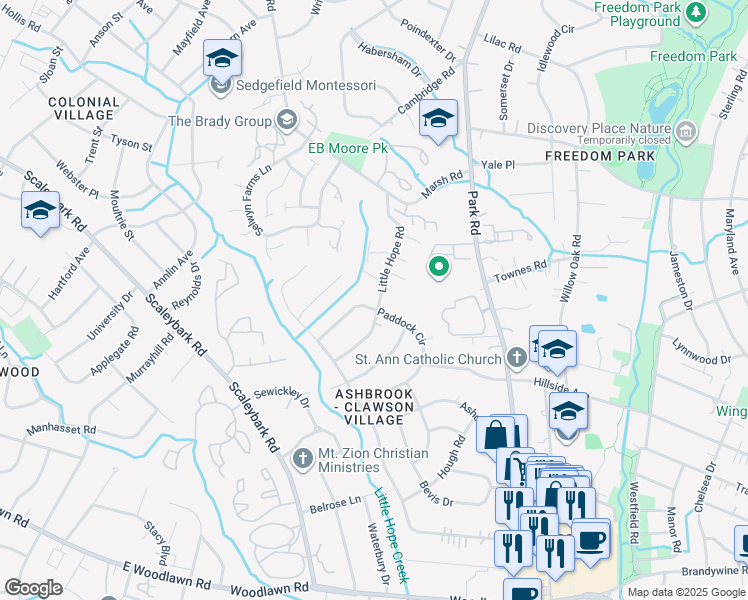 map of restaurants, bars, coffee shops, grocery stores, and more near 1623 Paddock Circle in Charlotte