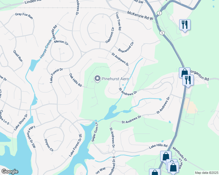 map of restaurants, bars, coffee shops, grocery stores, and more near 104 Lakewood Drive in Pinehurst