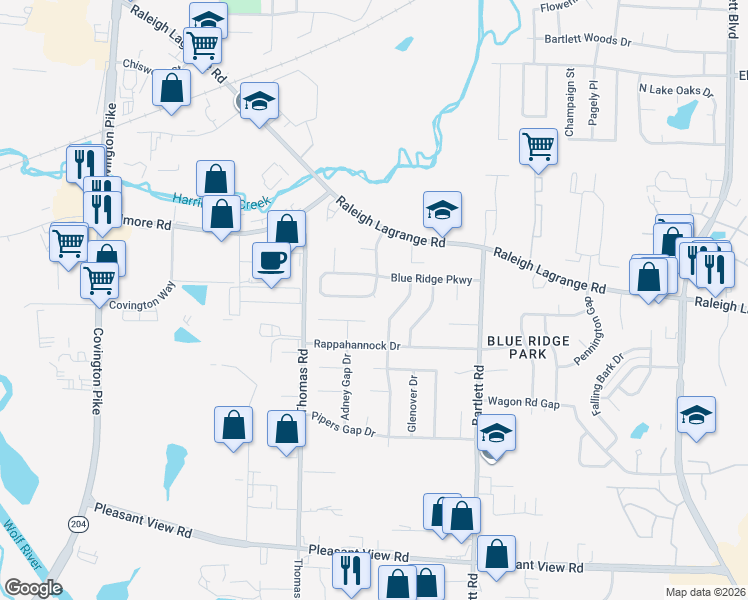 map of restaurants, bars, coffee shops, grocery stores, and more near 5369 Rock Ridge Road in Memphis