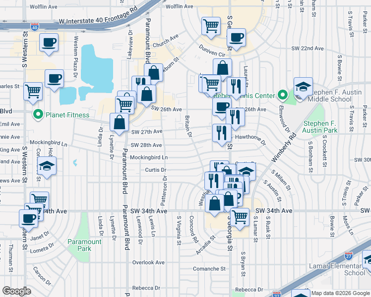 map of restaurants, bars, coffee shops, grocery stores, and more near 3002 Mockingbird Lane in Amarillo