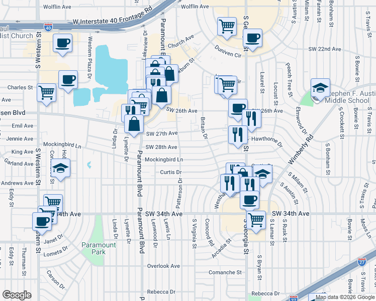 map of restaurants, bars, coffee shops, grocery stores, and more near 3014 Mockingbird Lane in Amarillo