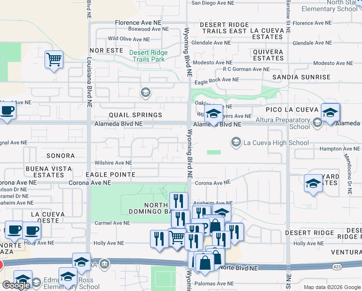 map of restaurants, bars, coffee shops, grocery stores, and more near 7508 Signal Avenue Northeast in Albuquerque