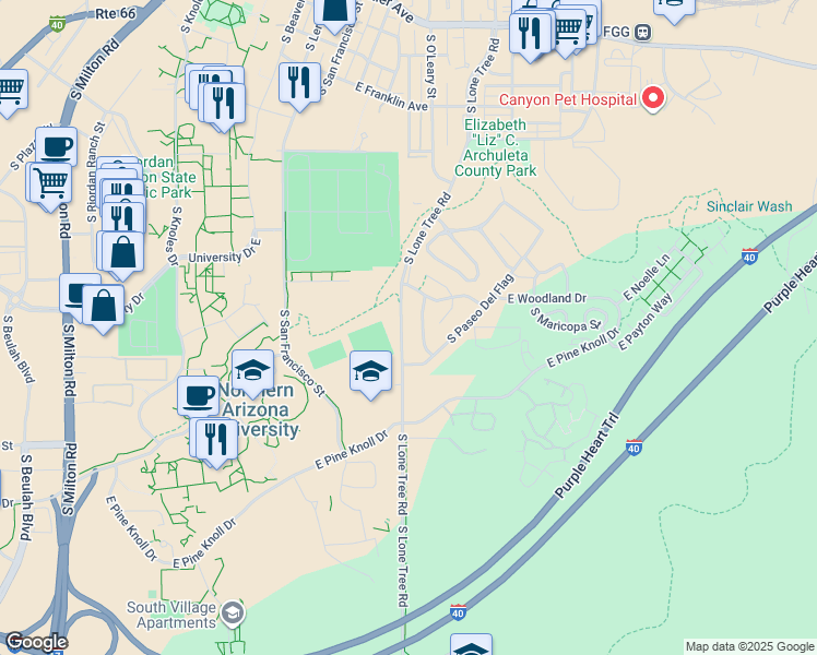 map of restaurants, bars, coffee shops, grocery stores, and more near 1320 South Lone Tree Road in Flagstaff