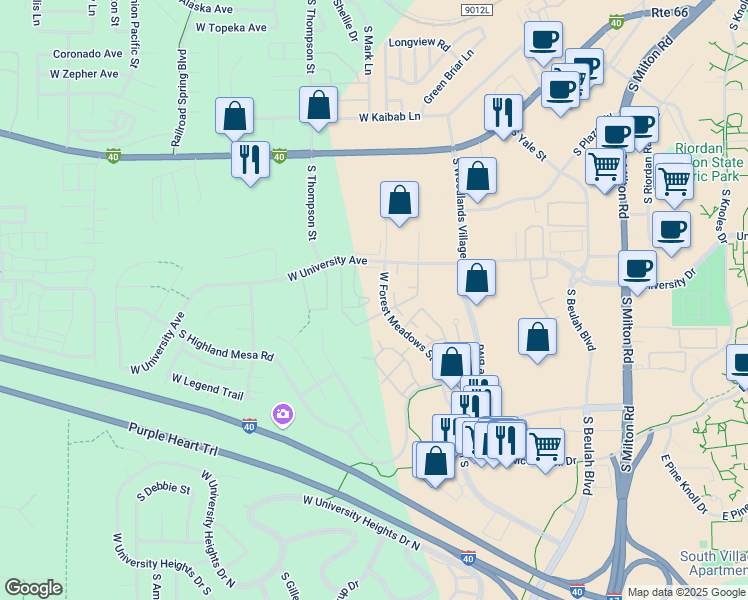 map of restaurants, bars, coffee shops, grocery stores, and more near 1385 West University Avenue in Flagstaff