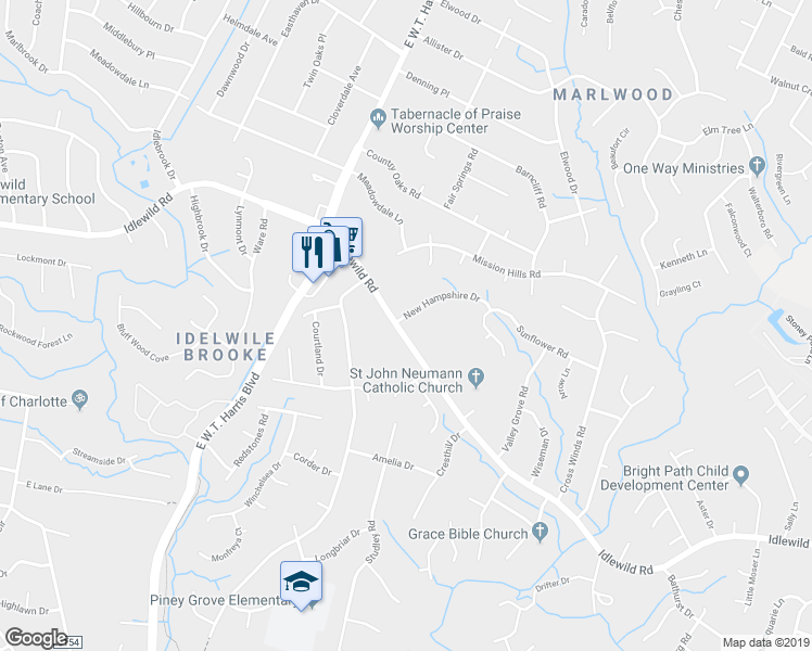 map of restaurants, bars, coffee shops, grocery stores, and more near 8300 Idlewild Road in Charlotte
