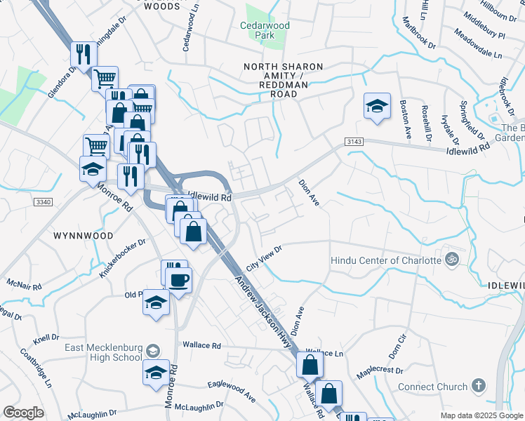 map of restaurants, bars, coffee shops, grocery stores, and more near 5717 Electra Lane in Charlotte