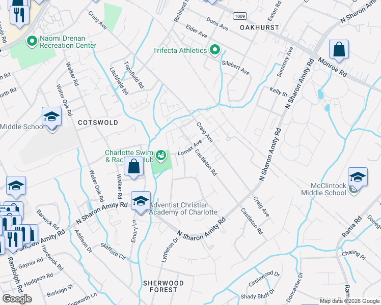 map of restaurants, bars, coffee shops, grocery stores, and more near in Charlotte