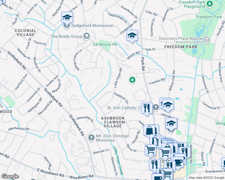 map of restaurants, bars, coffee shops, grocery stores, and more near 1623 Paddock Circle in Charlotte