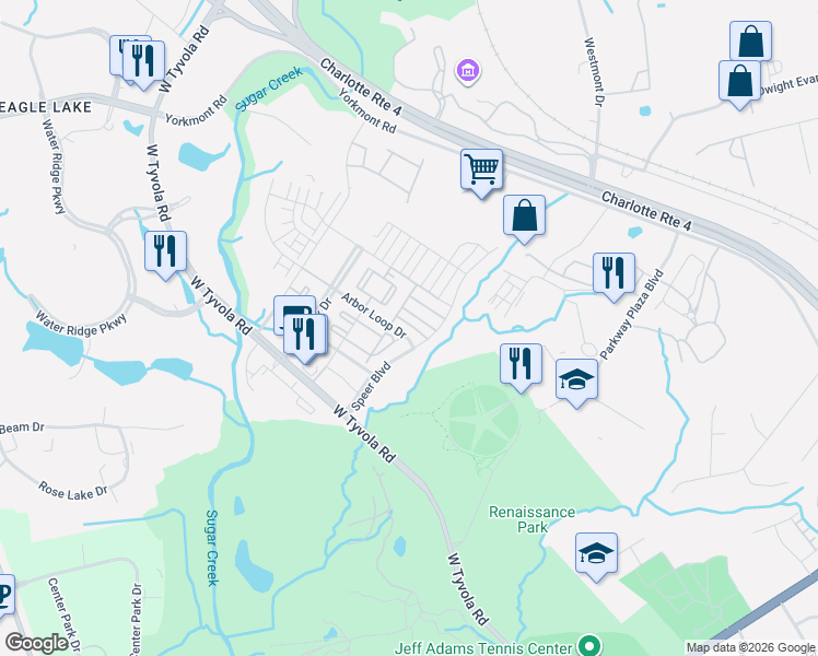 map of restaurants, bars, coffee shops, grocery stores, and more near 2112 Arbor Loop Drive in Charlotte
