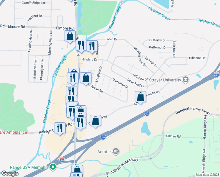 map of restaurants, bars, coffee shops, grocery stores, and more near 2089 Pillsbury Place in Memphis