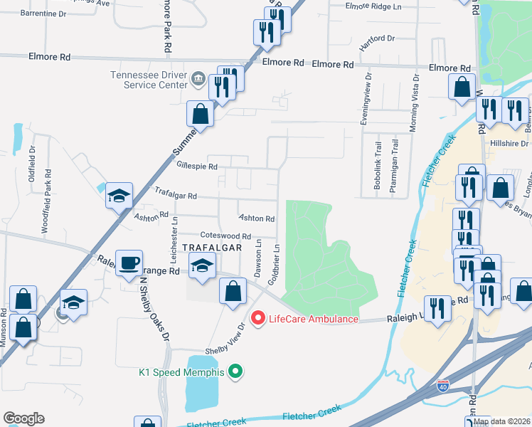 map of restaurants, bars, coffee shops, grocery stores, and more near 6439 Ashton Road in Memphis