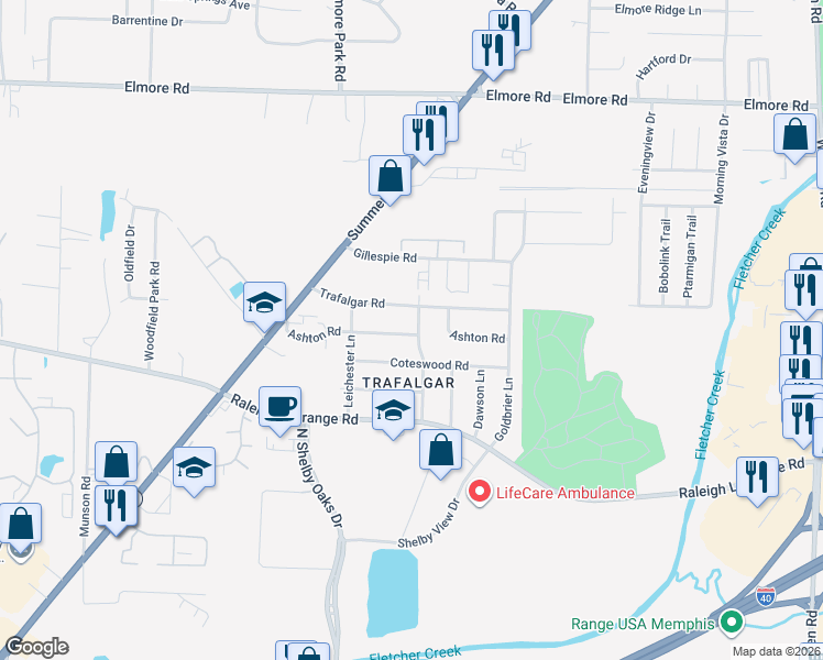 map of restaurants, bars, coffee shops, grocery stores, and more near 2094 Worchester Lane in Memphis