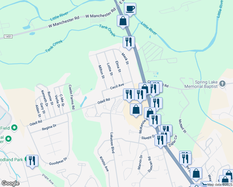 map of restaurants, bars, coffee shops, grocery stores, and more near 220 Odell Road in Spring Lake