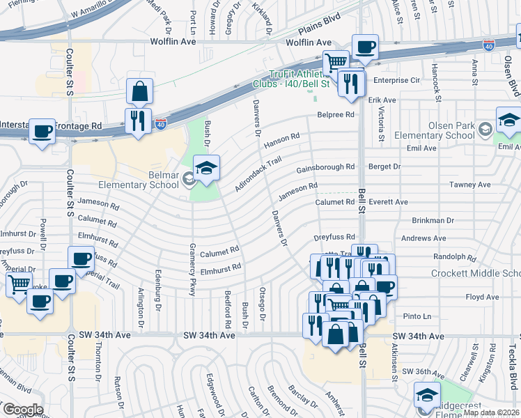 map of restaurants, bars, coffee shops, grocery stores, and more near 6204 Jameson Road in Amarillo