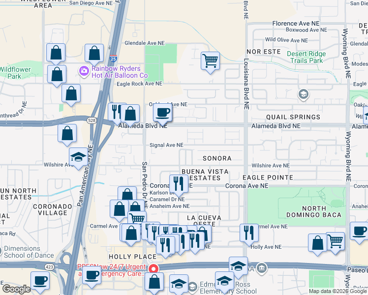 map of restaurants, bars, coffee shops, grocery stores, and more near 8631 Simi Lane Northeast in Albuquerque
