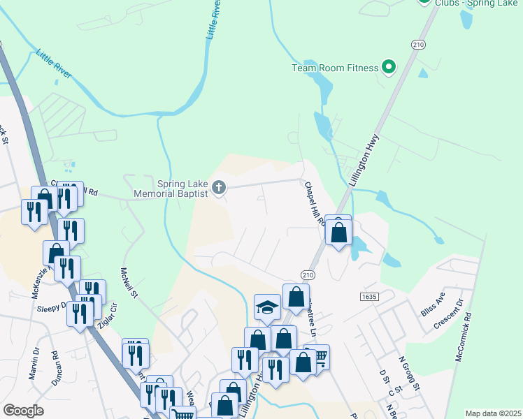 map of restaurants, bars, coffee shops, grocery stores, and more near 1205 Mimosa Drive in Spring Lake