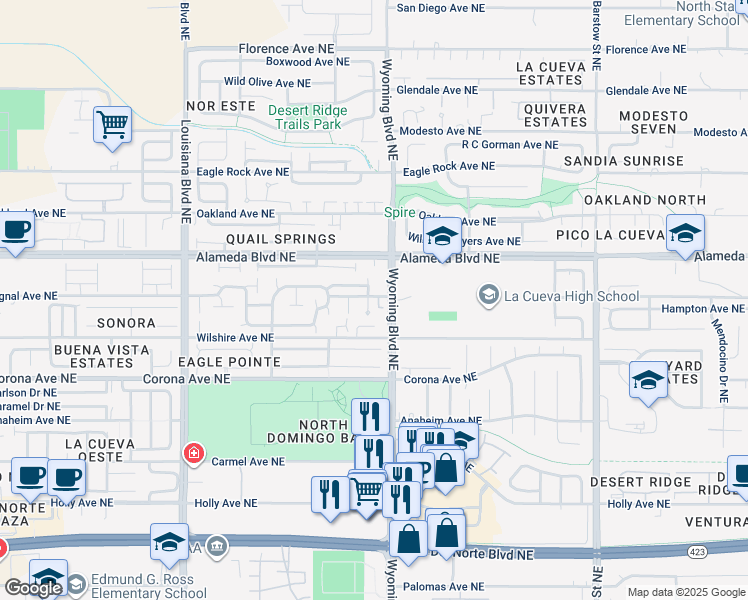 map of restaurants, bars, coffee shops, grocery stores, and more near 7508 Signal Avenue Northeast in Albuquerque