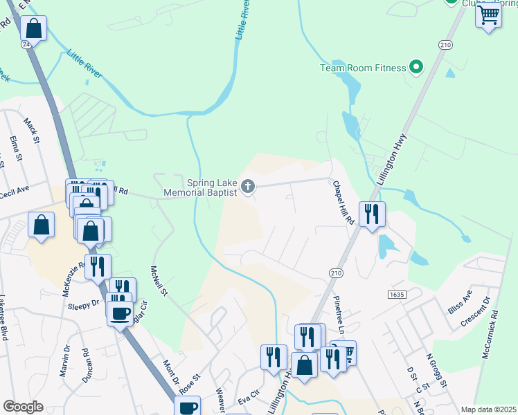 map of restaurants, bars, coffee shops, grocery stores, and more near 1207 Yancy Court in Spring Lake