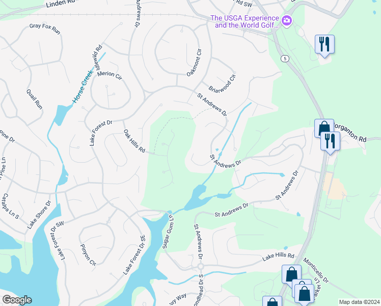 map of restaurants, bars, coffee shops, grocery stores, and more near 100 Lakewood Drive in Pinehurst