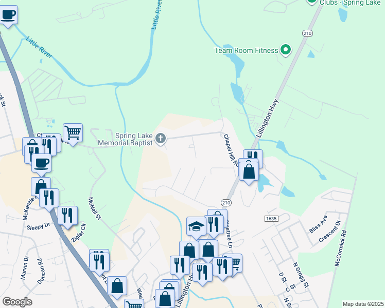 map of restaurants, bars, coffee shops, grocery stores, and more near 1205 Mimosa Drive in Spring Lake