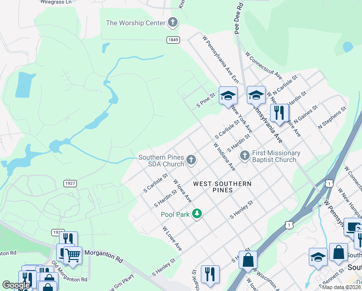 map of restaurants, bars, coffee shops, grocery stores, and more near 1290 West Wisconsin Avenue in Southern Pines