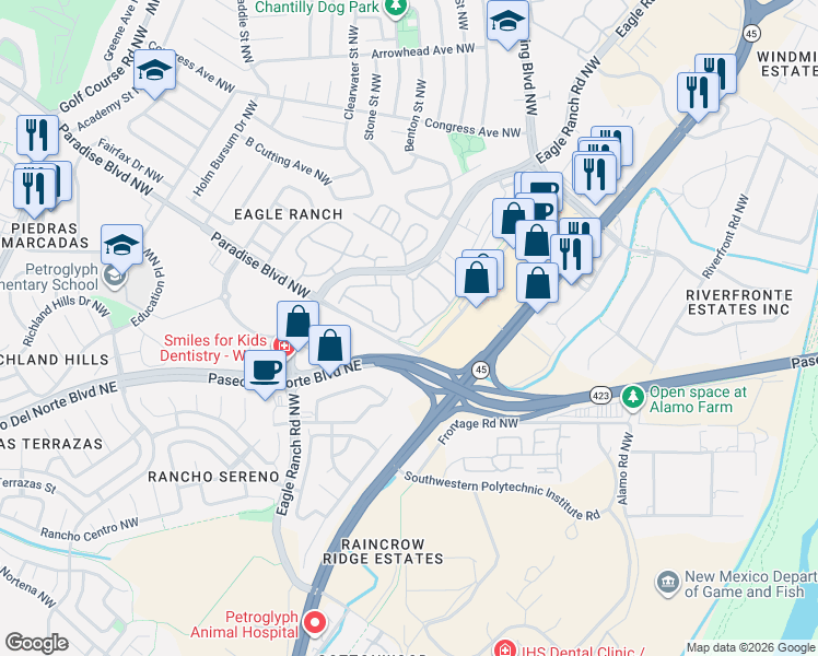 map of restaurants, bars, coffee shops, grocery stores, and more near 9270 Eagle Ranch Road Northwest in Albuquerque
