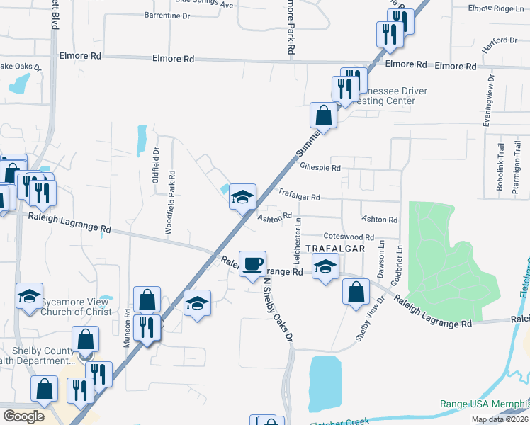 map of restaurants, bars, coffee shops, grocery stores, and more near 6217 Ashton Road in Memphis