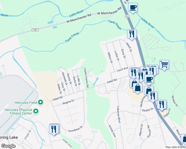 map of restaurants, bars, coffee shops, grocery stores, and more near Tori Drive in Spring Lake