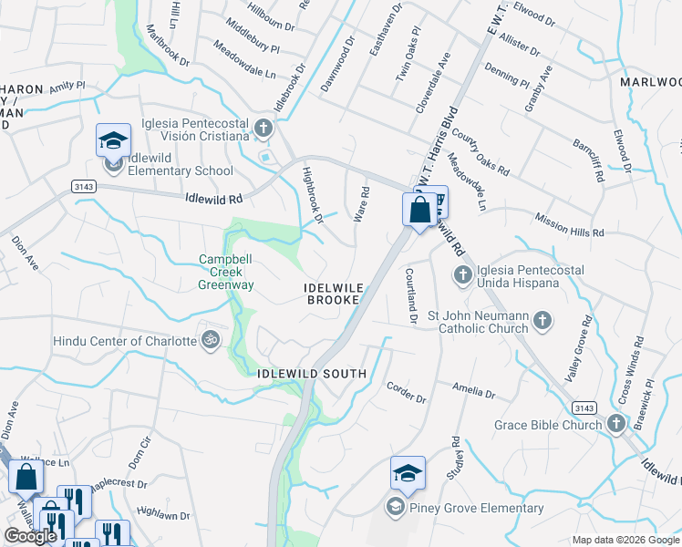 map of restaurants, bars, coffee shops, grocery stores, and more near 7001 Ware Road in Charlotte