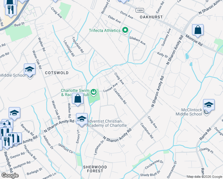 map of restaurants, bars, coffee shops, grocery stores, and more near in Charlotte